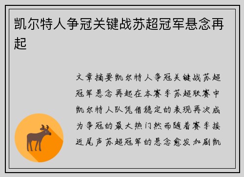 凯尔特人争冠关键战苏超冠军悬念再起